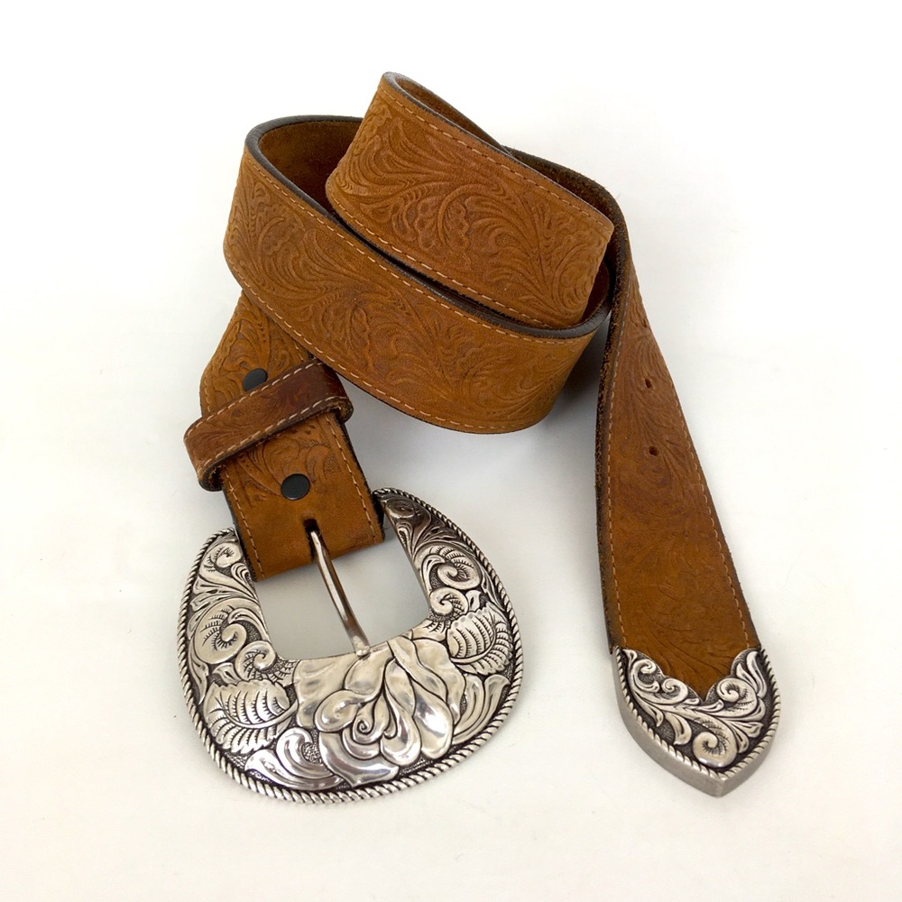Justin Boots Brown Leather Belt Floral Rose Buckle
